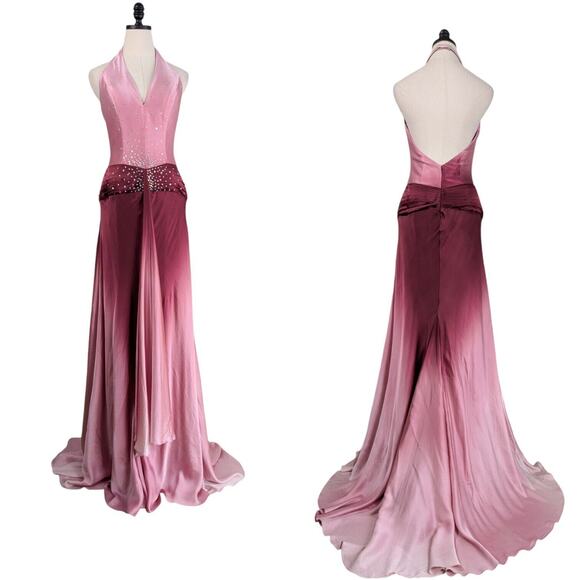 Jovani Dresses & Skirts - Vintage Jovani Prom Dress Silk Maxi Gown Y2K Ombre Pink Red Halter Rhinestone 8